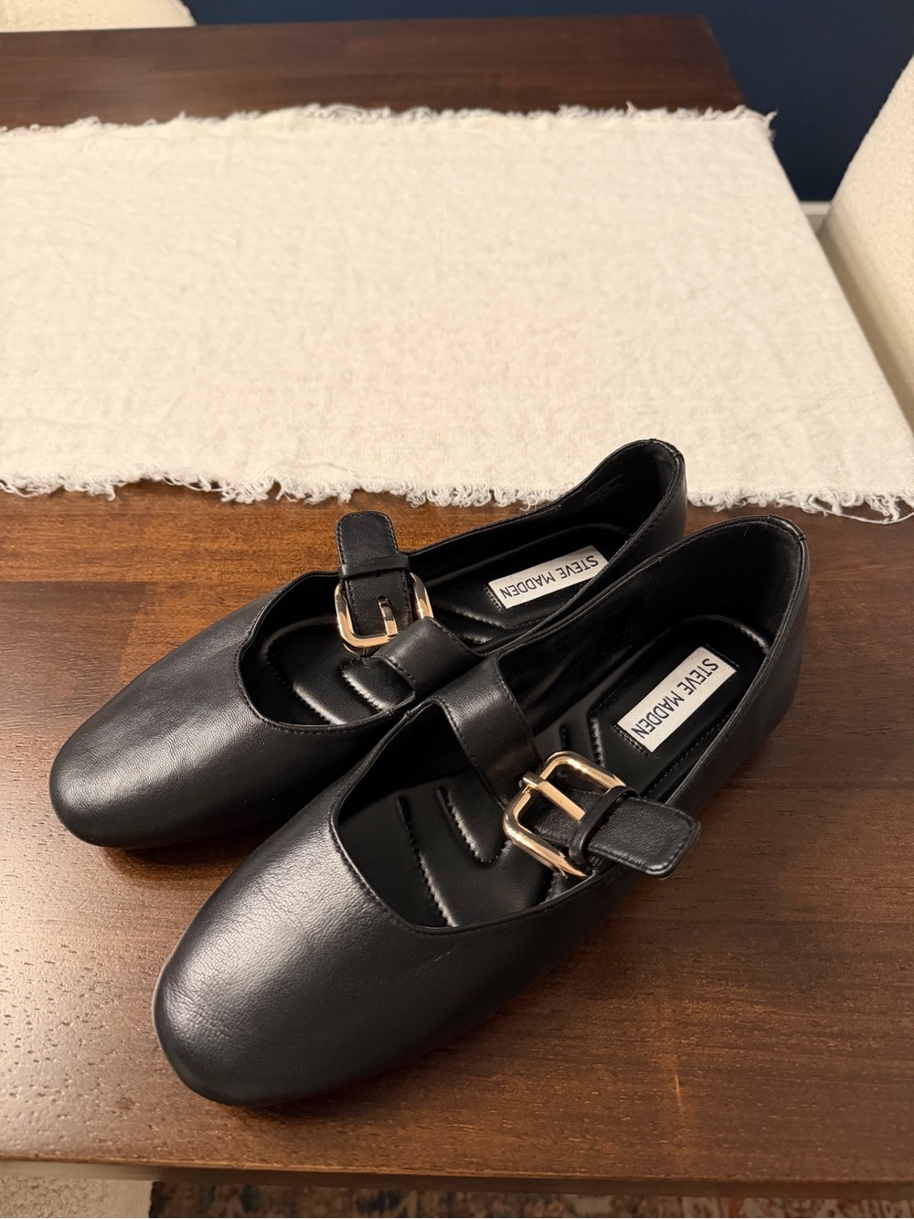 Steve Madden Zarah Mary Jane Flats Black with Gold Buckle
